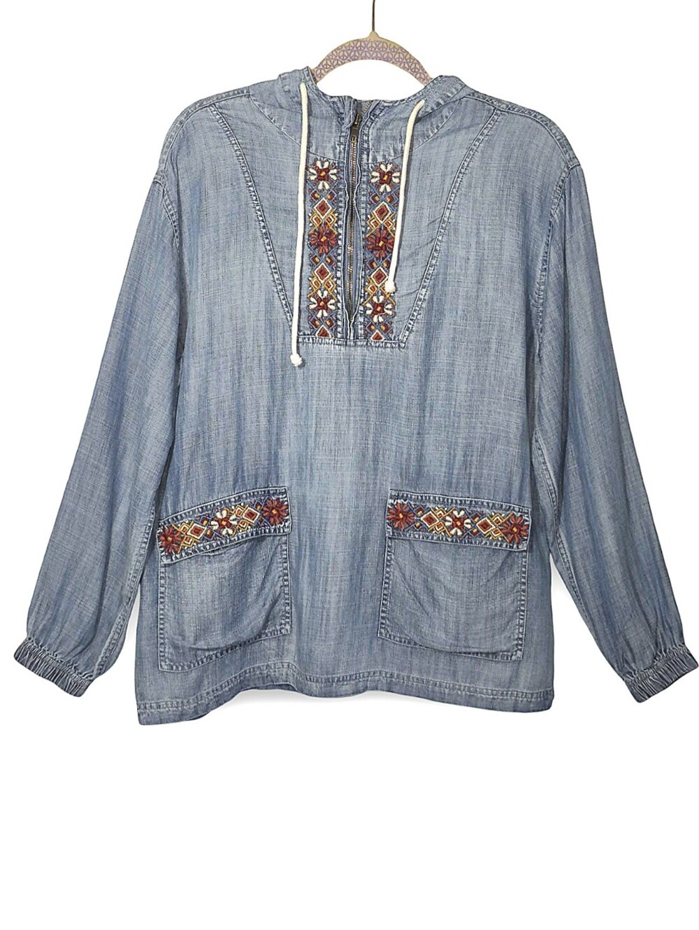 Kyla Seo Embroidered Chambray Pullover Hoodie Small-OS EUC Perfect For Autumn!